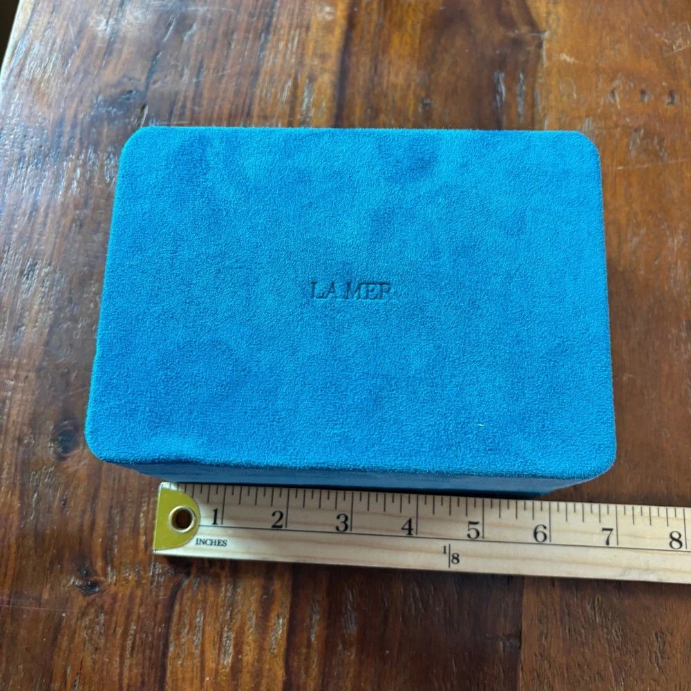 La Mer Teal Blue Velvet Luxury Jewelry Skincare Storage Box Case Hinged Lid